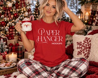 Red Bella Canvas 3001 Christmas Mockup, BC3001 Festive Trendy Holiday T-Shirt Mockups(Digital Download)