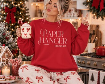 Red Gildan 18000 Christmas Mockup, G180 Crewneck Sweatshirt Mockup, Trendy Festive Xmas Holiday Mockups (Digital Download)
