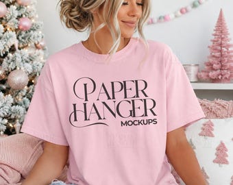 Comfort Colors 1717 Christmas Mockup, 1717 Blossom T-shirt Holiday Mock-up, Pink Xmas Shirt Mockup (Digital Download)