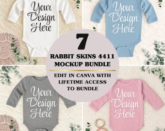 7 Rabbit Skins 4411 Bodysuit Mockup Bundle, Flat Lay Infant Long Sleeve Bodysuit Mockup (Digital Download)
