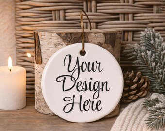 Christmas Ornament Mockup, White Ceramic Round Ornament Mockup, Ceramic Circle Ornament Mockup