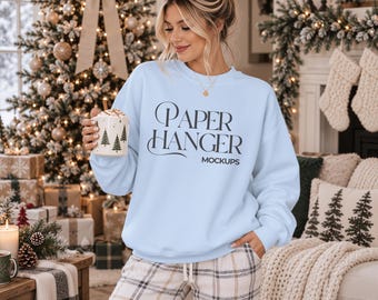 Light Blue Gildan 18000 Christmas Mockup, G180 Crewneck Sweatshirt Mockup, Trendy Festive Xmas Holiday Mockups (Digital Download)
