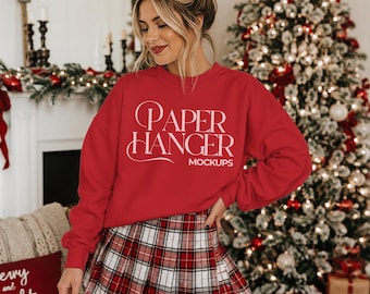 Red Gildan 18000 Christmas Mockup, G180 Crewneck Sweatshirt Mockup, Trendy Festive Xmas Holiday Mockups (Digital Download)