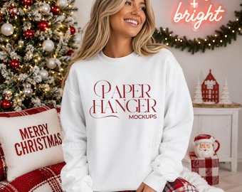 White Gildan 18000 Christmas Mockup, G180 Crewneck Sweatshirt Mockup, Trendy Festive Xmas Holiday Mockups (Digital Download)