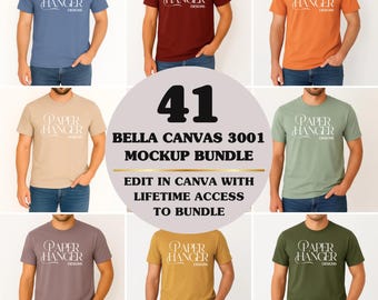 Può includere: Un pacchetto mockup con sette magliette Bella Canvas 3001 di diversi colori. Ogni maglietta ha il logo "Paper Hanger Designs" in bianco. L'immagine include anche il testo "41 BELLA CANVAS 3001 MOCKUP BUNDLE EDIT IN CANVA WITH LIFETIME ACCESS TO BUNDLE."