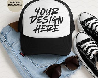 Foam Otto Black and White Trucker Hat Mockup, Printify Trucker Hat Mock up (Digital Download)