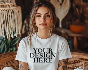 Mockup de camiseta Bella Canvas 3001 branca, mockup de camiseta boho, mockup de camiseta branca feminina (download digital)