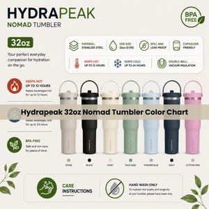 May include: Hydrapeak 32oz Nomad Tumbler colour chart featuring seven stainless steel tumblers with handles in stone, black, ivory, pale sage, powder blue, navy, and cotton pink. Includes icons for BPA-free, vacuum insulation, and care instructions.