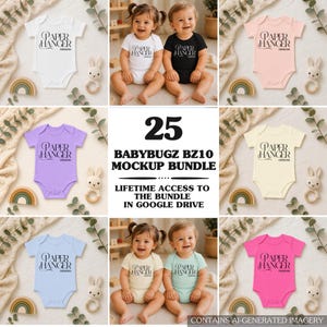 Könnte beinhalten: Ein digitales Mockup-Paket mit 25 Baby-Bodys in verschiedenen Unifarben wie Weiß, Rosa, Lila, Gelb, Blau und Pink. Jeder Body zeigt den schwarzen Schriftzug Paper Hanger Designs. Enthält Bilder von Kleinkindern, die diese Bodys tragen.