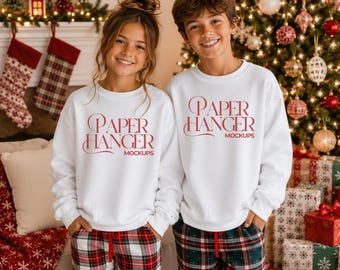 White Gildan 18000b Christmas Mockup, Kids Youth Crewneck Sweatshirt Mockup, Trendy Festive Xmas Holiday Mockups (Digital Download)