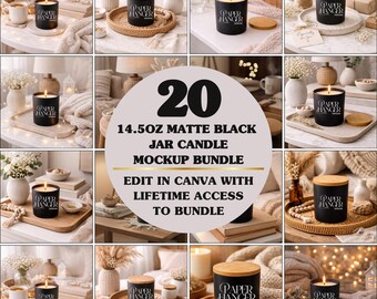 Set di mockup di barattolo per candela nero opaco da 14,5 oz con coperchio in bambù (download digitale)