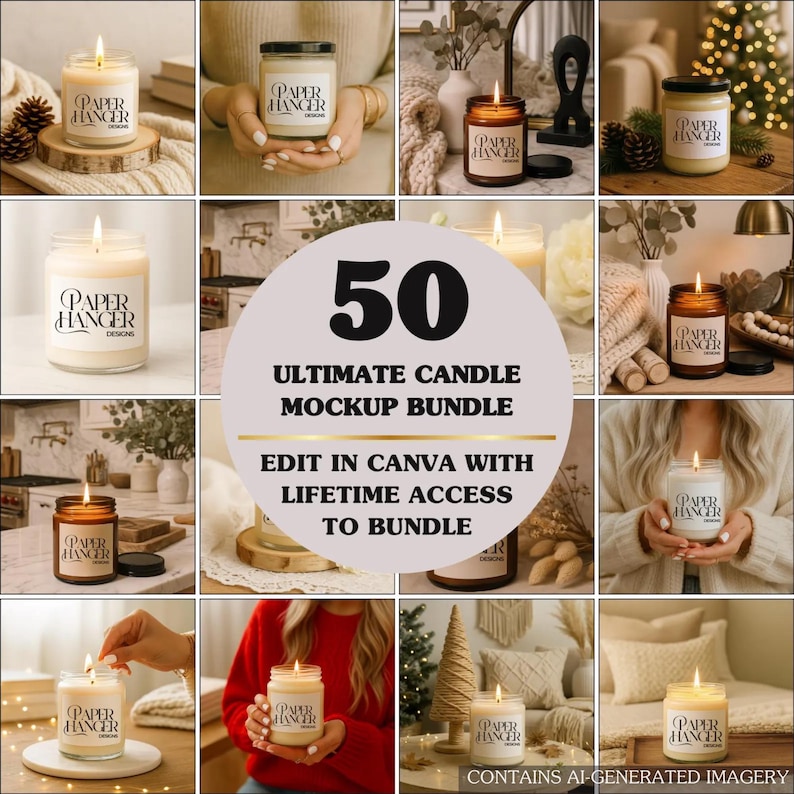 May include: A collection of lit candles in glass jars with black lids. The candles have labels that read "PAPER HANGER DESIGNS." The image also includes text that says "50 ULTIMATE CANDLE MOCKUP BUNDLE EDIT IN CANVA WITH LIFETIME ACCESS TO BUNDLE."