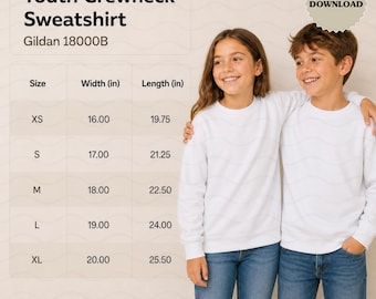 Tabella taglie della felpa girocollo Gildan 18000B per ragazzi (download digitale)