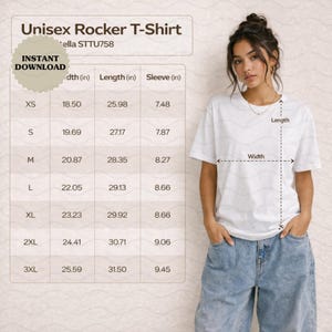 May include: A white Unisex Rocker T-Shirt with a size chart showing width, length, and sleeve measurements in inches. The shirt is being modeled by a person wearing blue jeans. The shirt has the text "Unisex Rocker T-Shirt" and "INSTANT DOWNLOAD".