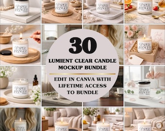 Confezione da 30 mockup di candele di soia Lumient, mockup di candele da 9 once, mockup di candele in vetro trasparente (download digitale)