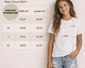 Tabella taglie Bella Canvas 3001Y - Mockup / Guida alle taglie per t-shirt a maniche corte per bambini (Download digitale)