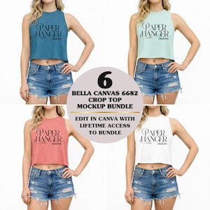 May include: A mockup bundle featuring four crop tops in blue, mint, red, and white. Each top has the "Paper Hanger Designs" logo. The image includes text: "6 BELLA CANVAS 6682 CROP TOP MOCKUP BUNDLE" and "EDIT IN CANVA WITH LIFETIME ACCESS TO BUNDLE."