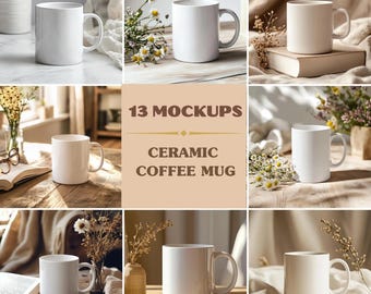 Ceramic White Mug Mockup Bundle, Boho Mug Mockups (Digital Download)