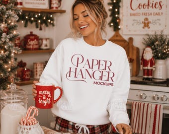 Gildan 18000 Christmas Mockup, Holiday Gildan 18000 White Sweatshirt Mockup, Cozy Festive Xmas Mock-ups (Digital Download)