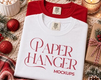 Comfort Colors 1717 Christmas Mockup, 1717 White T-shirt Holiday Mock-up, Flat Lay Folded Shirt Mockup (Digital Download)