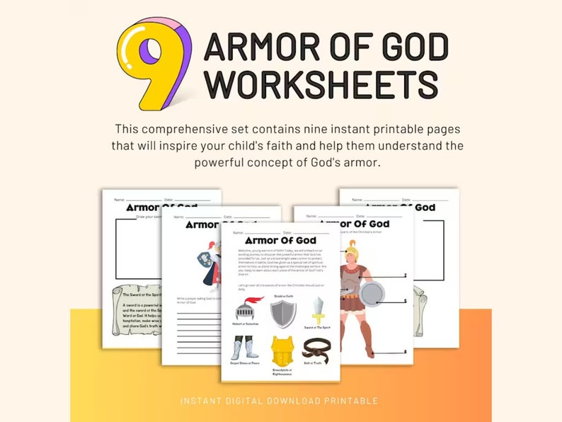 Puede incluir: Nueve hojas de trabajo imprimibles para que los ni&ntilde;os aprendan sobre la armadura de Dios. Las hojas de trabajo presentan ilustraciones de un caballero con armadura y las diferentes piezas de armadura, con texto que explica cada pieza.