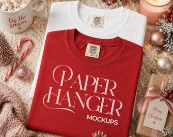 Comfort Colors 1717 Red Christmas Mockup, 1717 Folded Flat Lay T-shirt Holiday Mock-up, Trendy Festive Mockup (Digital Download)