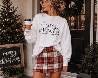 White Gildan 18000 Christmas Mockup, G180 Crewneck Sweatshirt Mockup, Trendy Festive Xmas Holiday Mockups (Digital Download)