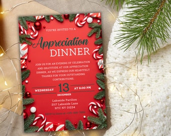 May include: A red and green Christmas-themed invitation for an Appreciation Dinner on Wednesday, 13 December at 6:00 PM. The invitation features a festive design with candy canes, baubles, and evergreen branches. The event will be held at Lakeside Pavilion, 2117 Lakeside Lane, NYC NY 01234. RSVP to Dawn at +123-456-7890.