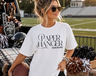 White Comfort Colors 1717 Football Shirt Mockup, Sports Team Game Day Mockups (Digital Download)