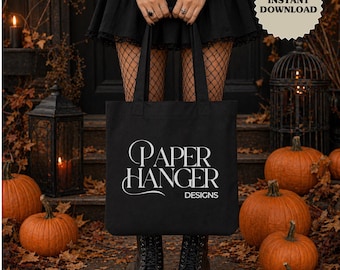 Mockup di borsa tote in tela di cotone Liberty Bags OAD113 nera per Halloween, mockup di borse tote nere (download digitale)