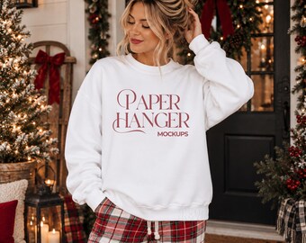 White Gildan 18000 Christmas Mockup, G180 Crewneck Sweatshirt Mockup, Trendy Festive Xmas Holiday Mockups (Digital Download)
