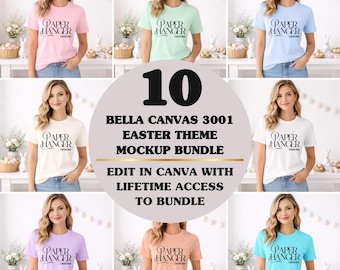 May include: A mockup bundle featuring ten Bella Canvas 3001 t-shirts in various pastel colors. Each shirt displays the "Paper Hanger Designs" logo. The image includes text: "Easter Theme Mockup Bundle" and "Edit in Canva with Lifetime Access to Bundle."