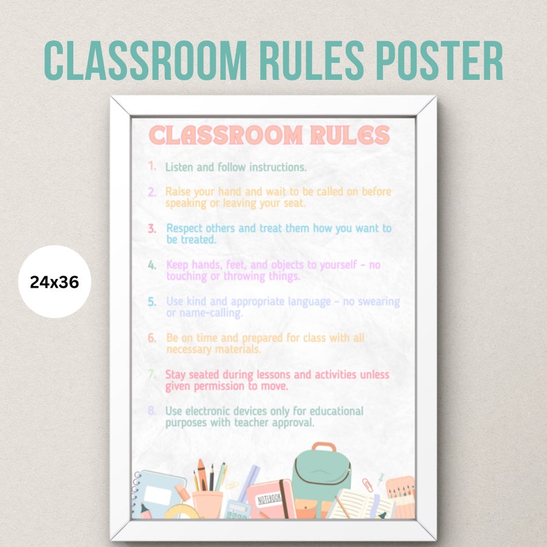 Classroom Rules Poster, Classroom Poster, Pastel Classroom Decor, Back