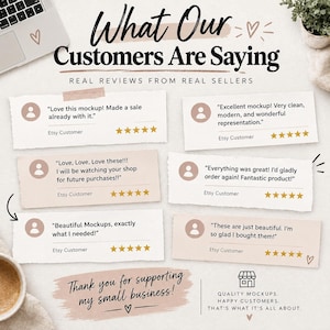 Pode incluir: Uma exibi&ccedil;&atilde;o gr&aacute;fica intitulada What Our Customers Are Saying apresentando seis avalia&ccedil;&otilde;es individuais de clientes com classifica&ccedil;&otilde;es de cinco estrelas. Cada avalia&ccedil;&atilde;o inclui um &iacute;cone de avatar circular, texto e o r&oacute;tulo Etsy Customer. A parte inferior inclui o texto Thank you for supporting my small business e Quality mockups. Happy customers. That's what it's all about.