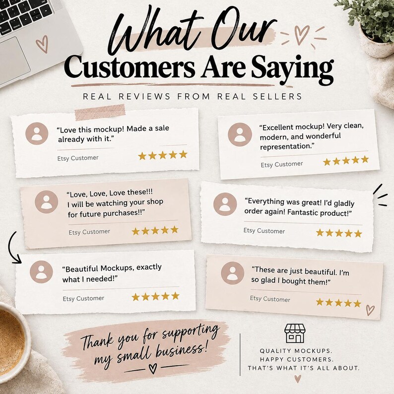 Pode incluir: Uma exibi&ccedil;&atilde;o gr&aacute;fica intitulada What Our Customers Are Saying apresentando seis avalia&ccedil;&otilde;es individuais de clientes com classifica&ccedil;&otilde;es de cinco estrelas. Cada avalia&ccedil;&atilde;o inclui um &iacute;cone de avatar circular, texto e o r&oacute;tulo Etsy Customer. A parte inferior inclui o texto Thank you for supporting my small business e Quality mockups. Happy customers. That's what it's all about.