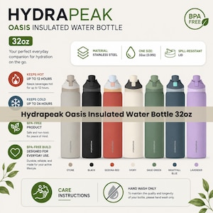 May include: Hydrapeak Oasis 950ml insulated water bottles in seven colours: stone, black, Sedona red, ivory, sage green, nightfall blue, and lavender. Features include stainless steel construction, a spill-resistant lid, and BPA-free materials.