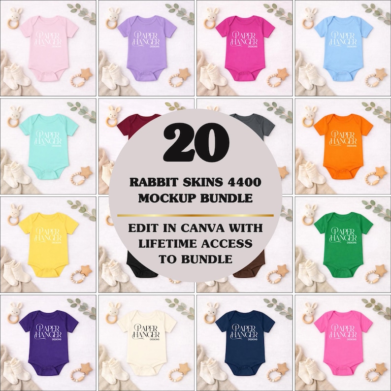 Puede incluir: Un paquete de maquetas con 20 bodies para beb&eacute;s en varios colores, como rosa, morado y azul. Cada body tiene el texto "PAPER HANGER" impreso. La imagen tambi&eacute;n incluye calcetines de beb&eacute; y juguetes de madera.