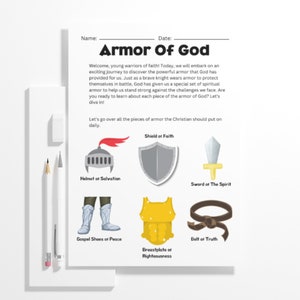 Puede incluir: Una hoja de trabajo imprimible con ilustraciones de la armadura de Dios. La armadura incluye un casco, un escudo, una coraza, un cintur&oacute;n, zapatos y una espada. El texto en la hoja de trabajo dice "Armadura de Dios" y "Repasemos todas las piezas de la armadura que el cristiano debe ponerse a diario."