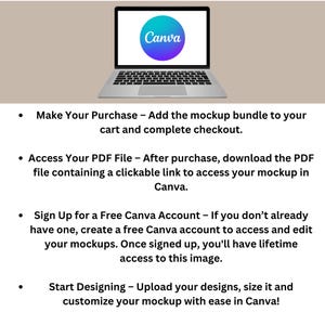 Puede incluir: Un port&aacute;til plateado muestra el logotipo de Canva en su pantalla. La imagen incluye instrucciones: "Make Your Purchase", "Access Your PDF File", "Sign Up for a Free Canva Account" y "Start Designing". El fondo es de color beige liso.