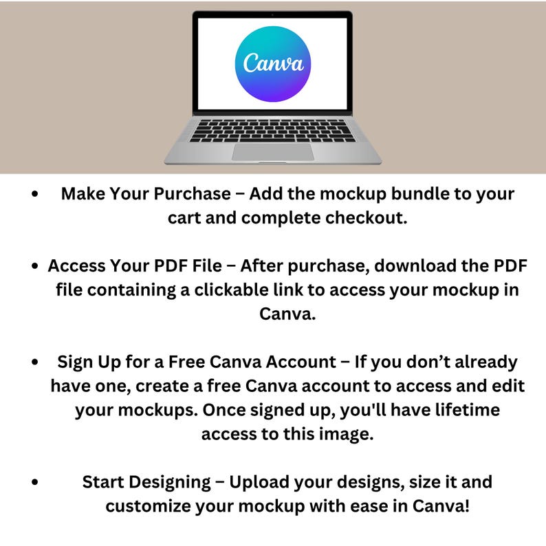 Puede incluir: Un port&aacute;til plateado muestra el logotipo de Canva en su pantalla. La imagen incluye instrucciones: "Make Your Purchase", "Access Your PDF File", "Sign Up for a Free Canva Account" y "Start Designing". El fondo es de color beige liso.