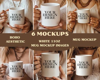 Boho Ceramic White 11oz Mug Mockup Bundle, Coffee Cup Mockups (Digital Download)