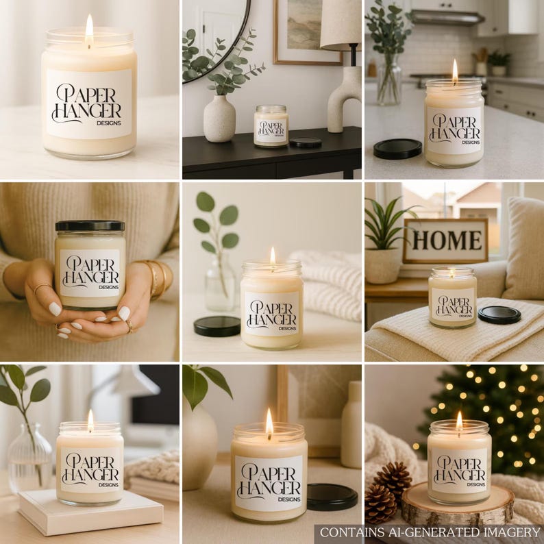 May include: A lit candle in a clear glass jar with a black lid. The candle has a white label with the text "PAPER HANGER DESIGNS" in a decorative font. The candle is on a table with other home decor items.