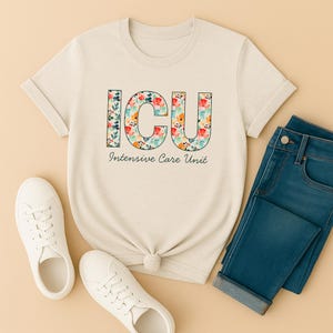 Womens bloemen ICU-shirt, ICU-verpleegkundige shirt, ICU-verpleegkundige cadeau, IC-verpleegkundige T-shirt Intensive Care, toekomstige IC-verpleegkundige, cadeau verpleegschool