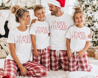 Bella Canvas Family Christmas Mockup, White Matching Pajama Shirt Mockups, Holiday Group Tshirt (Digital Download)