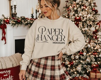 Sand Gildan 18000 Christmas Mockup, G180 Crewneck Sweatshirt Mockup, Trendy Festive Xmas Holiday Mockups (Digital Download)