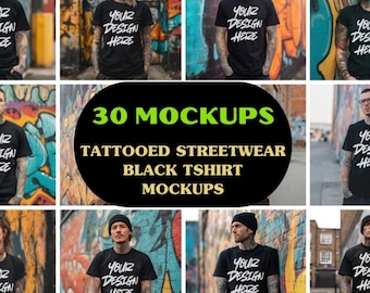 30 Bella Canvas 3001 Mockup Black, Black TShirt Mockup Bundle, Tattooed Model Mockups, Black Tshirt Mockups, Tattooed Mockup Bundle
