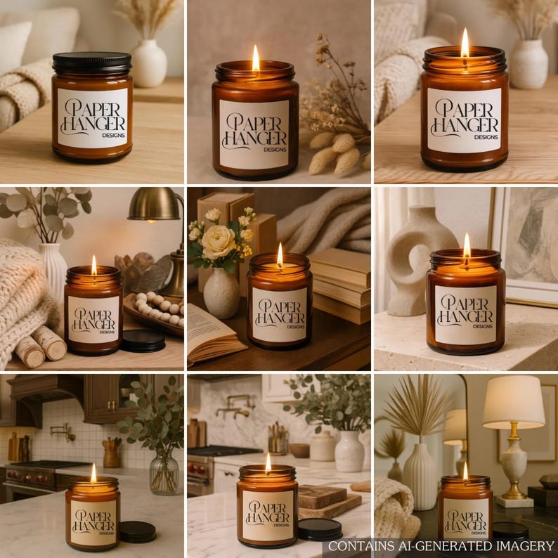 May include: A collection of lit candles in amber-colored glass jars with black lids. Each jar has a white label with the text "PAPER HANGER DESIGNS". The candles are placed on various surfaces with decorative elements, creating a warm and inviting ambiance.