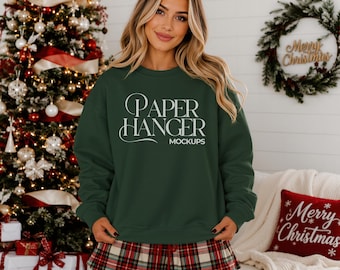 Forest Green Gildan 18000 Christmas Mockup, G180 Crewneck Sweatshirt Mockup, Trendy Festive Xmas Holiday Mockups (Digital Download)