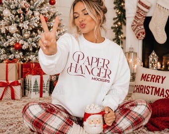 White Gildan 18000 Christmas Mockup, G180 Crewneck Sweatshirt Mockup, Trendy Festive Xmas Holiday Mockups (Digital Download)