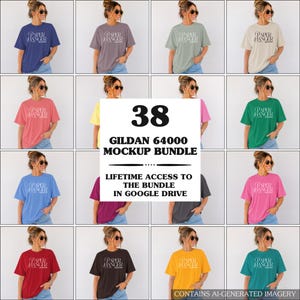 Könnte beinhalten: Eine Kollektion von kurzärmeligen T-Shirts mit Rundhalsausschnitt in verschiedenen Unifarben, jeweils mit dem weißen Schriftzug 'PAPER HANGER MOCKUPS'. Die zentrale Grafik zeigt '38 GILDAN 64000 MOCKUP BUNDLE LIFETIME ACCESS TO THE BUNDLE IN GOOGLE DRIVE'.